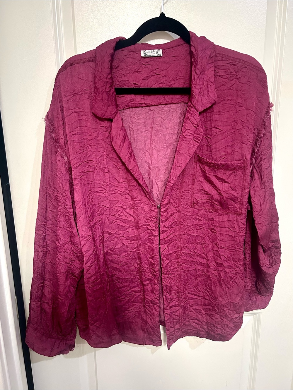 Free People Crinkled Button-Down Shirt Jacket - Magenta